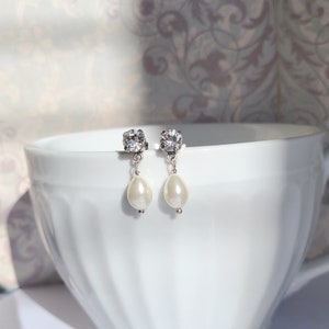 Crystal Rhinestone Pearl Teardrop Stud Earrings, Historical Jewelry, Pearl Drop Earrings, 18th and 19th Century Jewelry, Pearl Jewelry Gift image 2