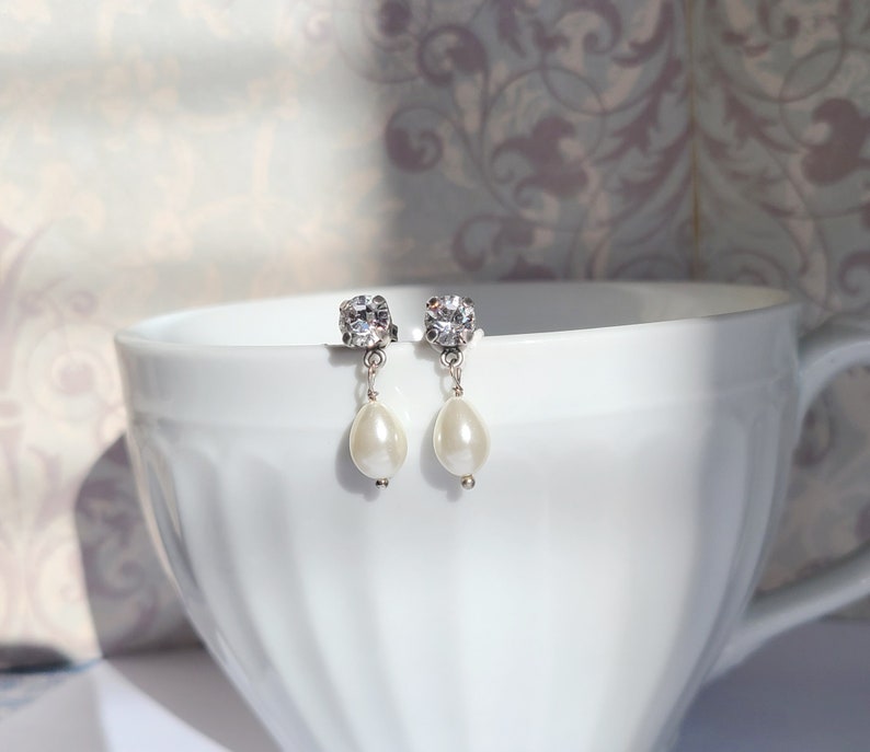 Crystal Rhinestone Pearl Teardrop Stud Earrings, Historical Jewelry, Pearl Drop Earrings, 18th and 19th Century Jewelry, Pearl Jewelry Gift image 2