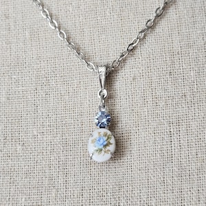 Blue Flower Necklace Historical Jewelry Bridgerton Inspired Vintage Style Necklace Silver Pendant Necklace Floral Small Rose Pendant