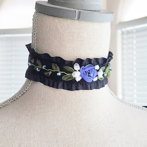 Victorian Gilded Age Black Choker Blue and White Flowers Historical Style Jewelry 18th and 19th Century Jewelry Hand Embroidered Jewelry