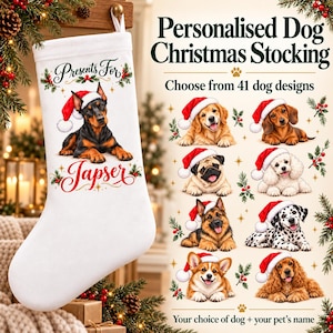 May include: A white Christmas stocking featuring a Doberman wearing a Santa hat and the text Presents For Japser. The design includes holly accents. The image also displays text options for 41 dog designs and pet name personalization.