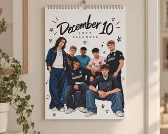 May include: A wall calendar titled December 10 2027 Calendar featuring an illustration of six young people in casual clothing. The group is arranged with one standing on the left, four seated in the middle, and one standing on the right.