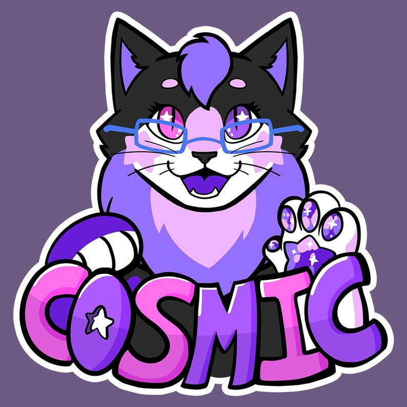 May include: A cartoon illustration of a cat with black and purple fur, wearing blue glasses. The cat is holding a paw with a star design and the word "COSMIC" in purple and pink letters.