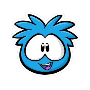 May include: A bright blue sticker featuring a cartoon character with spiky hair, large white eyes with black pupils, and a wide smiling mouth showing teeth and a purple tongue. The character has a rounded shape and a thick black outline.