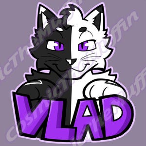 May include: A cartoon illustration of a cat with a split face, one side black and the other white, with purple eyes. The word "VLAD" is in purple block letters at the bottom. The background is a light purple.
