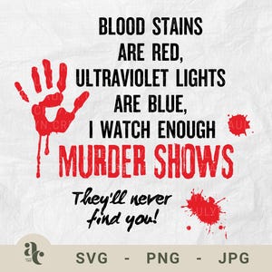 Op de afbeelding: Witte achtergrond met de tekst "BLOEDVLEKKEN ZIJN ROOD, ULTRAVIOLET LICHT IS BLAUW, IK KIJK GENOEG MOORDSHOWS". Rode handafdruk en bloedspatterafbeeldingen zijn ook inbegrepen.