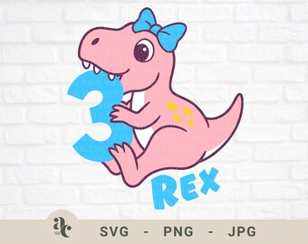 3 Rex Girl Dinosaur SVG | Three Rex SVG | Girl 3Rd Birthday Svg | T Rex Dinosaur | Pink T-Rex 3rd Birthday Design for Cricut & Sublimation