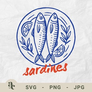 Sardines Plate SVG – Vintage Fish Clipart for Kitchen Decor, Italian Food Art, Printable Seafood Line Drawing Design