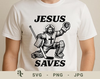 Jezus redt hockey-svg-png | Christian Goalie Sports-afbeelding voor shirt, mok, sublimatie | Grappige religieuze hockeykeeper clipart