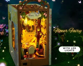 DIY Flower Fairy Book Nook Kit – Miniature Garden Bookshelf LED Lights, Dollhouse Craft Kit for Book Lovers & Home Décor Prebuilt Book Nook