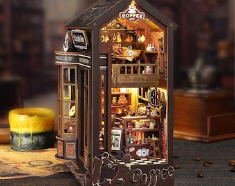 DIY Book Nook Kit – Magic Coffee Shop Miniature Bookshelf Insert with Lights, Cozy Café Diorama Gift for Book Lovers Prebuilt Book Nook