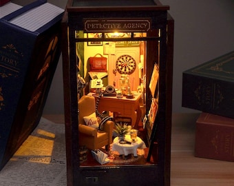 Detective's Diary DIY Book Nook Kit –  Prebuilt Miniature Bookshelf with LED Lights, Office 3D Wooden Puzzle Craft Gift for Book Lovers