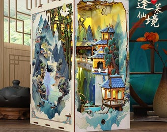 DIY Book Nook Kit – Chinese Village Wonderland Miniature Bookshelf LED Lights, Asian Architecture Diorama Gift Prebuilt Wooden Book Nook