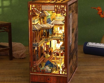 Han Palance at Dawn DIY Book Nook Kit – Miniature Bookshelf with LED Lights, Asian Architecture 3D Wooden Puzzle Craft Gift for Book Lovers