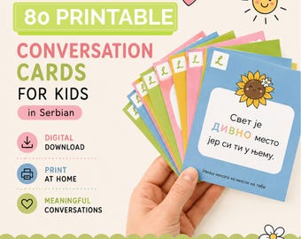 Printable Kids Conversation Cards, Serbian Language, Growth Mindset, Family Time (PDF)