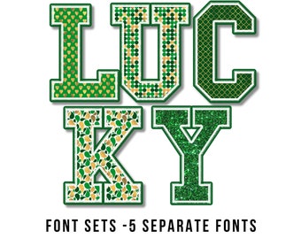 St. Patrick's Day Font, Faux Embroidery, St. Paddy's Day PNG, Sublimation, Shamrock svg, lucky alphabet, Saint Patrick png, Lucky Letters