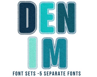 Digital Denim PNG Alphabets, 5 Pack Bundle, Faux Embroidery, Classic Stitch Patch, Christmas Teal, Blue, Turquoise