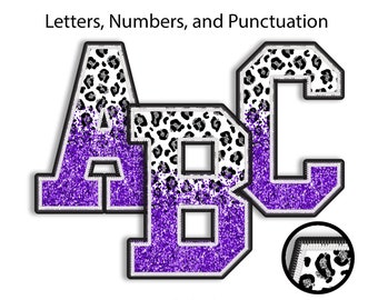 Digital Half Leopard and Glitter PNG Alphabets, One Font, Faux Embroidery, Cheetah Letters, Glitter Alpha, Classic Stitch Patch, Purple