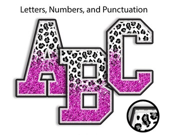 Digital Half Leopard and Glitter PNG Alphabets, One Font, Faux Embroidery, Cheetah Letters, Glitter Alpha, Classic Stitch Patch, Hot Pink