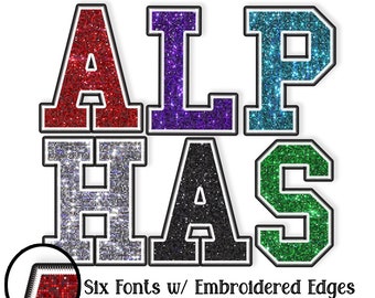 Glitter Font PNG Alphabets, 6 Pack Bundle, Academic Letters, Faux Embroidery, Sublimation, Red, Purple, Green, Silver, Black,