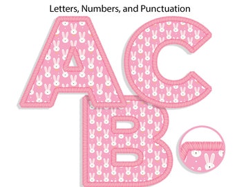 Digital Easter Bunny PNG Alphabets, One Alpha Pack, Faux Embroidery, Easter Bunny Font, Spring Alpha, Classic Stitch Patch, Pink and White