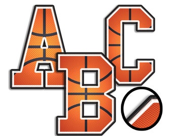 Basketball Digital PNG Alphabet, Faux Embroidery, Basketball, Sports Font, Academic Letters, Classic Stitch Patch, Orange, Black, and White