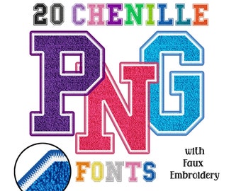 Chenille Faux Embroidery, Alphabet PNG, 20 pack bundle, Classic Stitch Patch, Applique Letters, Varsity College Letters, Sublimation Print,