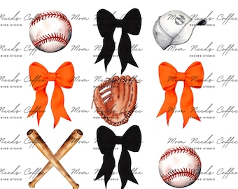 Baseball Coquette Bows PNG, Gameday Sublimation, Home Run, Cut and Print, Team Sublimation, Baseba;; PNG, Baseballs, Orange, Black