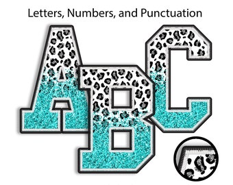 Digital Half Leopard and Glitter  PNG Alphabets, One Font Bundle, Faux Embroidery, Cheetah Letters, Glitter Alpha, Classic Stitch Patch,