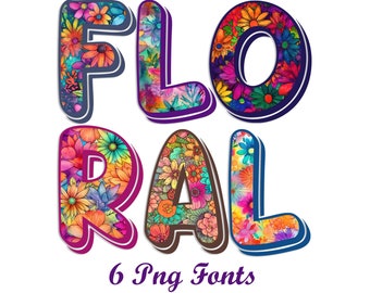 Retro Digital Floral PNG Alphabets, 6 Pack Bundle, Faux Embroidery, Flower Fonts, Spring Alpha, Classic Stitch Patch, Pink, Blue, Purple,
