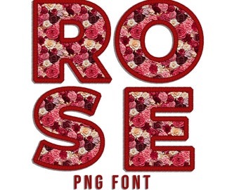 Digital Floral PNG Alphabets, Rose Letters, One Pack Font, Faux Embroidery, Flower Fonts, Spring Alpha, Classic Stitch Patch, Pink, Blue