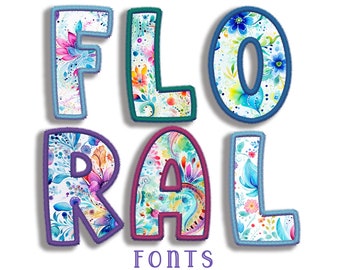 Digital Floral PNG Alphabets, 6 Pack Bundle, Faux Embroidery, Flower Fonts, Spring Alpha, Classic Stitch Patch, Spring Pink, Blue, Purple,