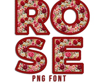 Digital Floral PNG Alphabets, Rose Letters, One Pack Bundle, Faux Embroidery, Flower Fonts, Spring Alpha, Classic Stitch Patch, Pink, Blue