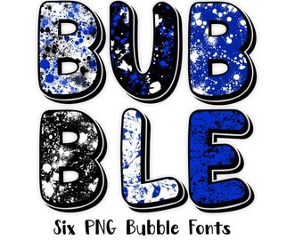 Digital Bubble Letters Alphabet PNG, Royal Blue, Black, White Letters, Bubble Alpha, Uppercase, Lowercase, Numbers, Sublimation,