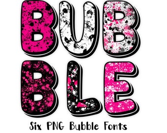 Digital Bubble Alphabet PNG, Paint Splatters, Pink, Black, White Letters, Bubble Alpha Uppercase, Lowercase, Numbers, Sublimation,