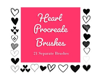 May include: A set of 21 heart-shaped brushes for Procreate, featuring a variety of styles, including simple, outlined, and textured hearts. The brushes are displayed on a pink background with the text "Heart Procreate Brushes" and "21 Separate Brushes".