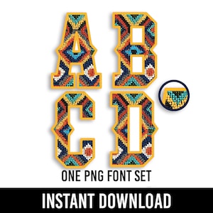 Southwestern PNG Alphabet, Cowboy Letters, Western Alpha, Faux Embroidery, Turquoise, White, Black, Orange