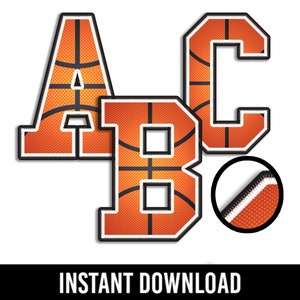 Alfabeto PNG digital de basquete, bordado falso, basquete, fonte esportiva, letras acadêmicas, patch de ponto clássico, laranja, preto e branco