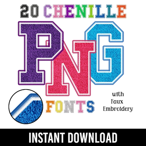 Chenille Faux Embroidery, Alphabet PNG, 20 pack bundle, Classic Stitch Patch, Applique Letters, Varsity College Letters, Sublimation Print,