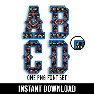 Southwestern PNG Alphabet, Cowboy Letters, Western Alpha, Faux Embroidery, Turquoise, White, Black, Orange