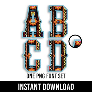 Southwestern PNG Alphabet, Cowboy Letters, Western Alpha, Faux Embroidery, Turquoise, White, Black, Orange