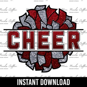 May include: Red and silver glitter cheerleading pom pom with the word "CHEER" in a red and white banner across the middle.