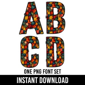 Fall Alphabet, Leaves Font, PNG, Autumn Letters, Doodle Font, Red, Orange, Yellow,