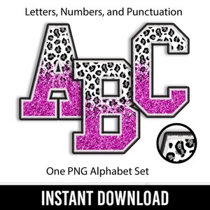 May include: A set of pink and white glitter letters in a leopard print design. The letters are A, B, and C. The letters are in a varsity style font. The letters are on a white background. Letters, Numbers, and Punctuation. One PNG Alphabet Set. INSTANT DOWNLOAD.