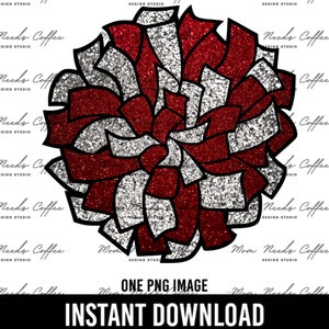 May include: Red and silver glitter cheer bow with a black outline. The bow is in the shape of a pom-pom.
