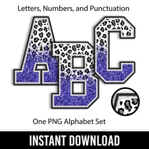 Könnte beinhalten: Ein Satz Alphabetbuchstaben in einem blauen und weißen Glitzerdesign mit Leopardenmuster. Die Buchstaben sind A, B und C. Die Buchstaben sind in einer fetten, blockartigen Schriftart. Die Buchstaben sind weiß umrandet. Die Buchstaben befinden sich auf einem weißen Hintergrund. Der Text "Buchstaben, Zahlen und Satzzeichen" befindet sich oben im Bild. Der Text "Ein PNG-Alphabetsatz" befindet sich in der Mitte des Bildes. Der Text "INSTANT DOWNLOAD" befindet sich unten im Bild.