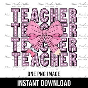 Teacher PNG, Coquette Pencil Bow Image, back to school, PNG, back to school png, PNG teacher, teacher image, Turquoise, Pink