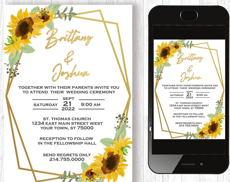 Sunflower Wedding Invitation 5x7 Rustic Boho Sunflower Digital Invitation YOU EDIT and Print Sunflower Wedding Sunflower