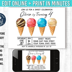 Editable Ice Cream Invitation Ice Cream Birthday Invitation Sweet Celebration 3rd birthday Ice Cream Birthday Party Ice Cream Invites