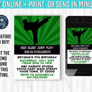Green Karate Invitation 5x7 Taekwondo Birthday Invitation YOU EDIT and Print Ninja Birthday Karate Invites Karate Party Theme Boy